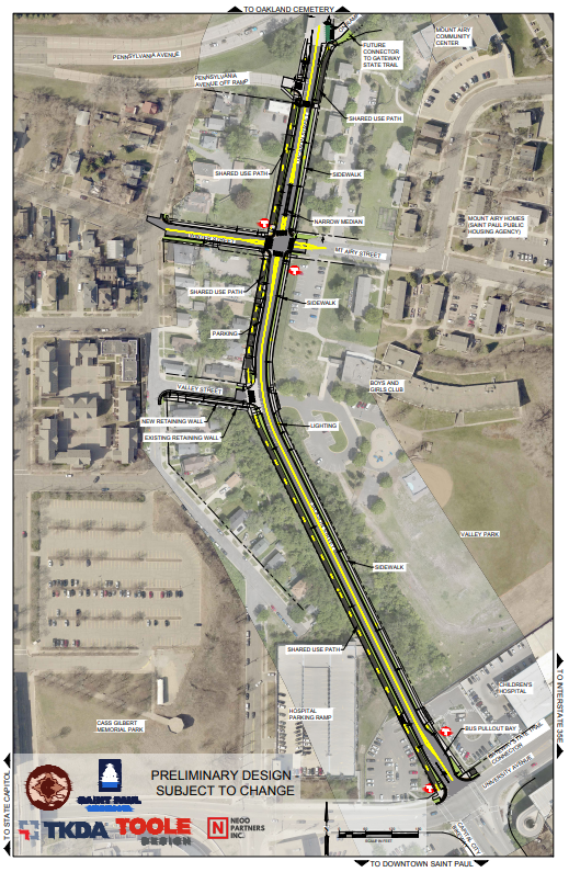 Map showing the 90% design of reconstructed Jackson Street. Includes a shared use path on the west side of the street.