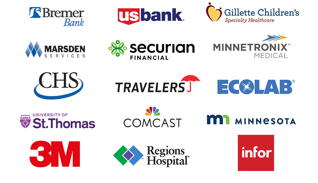 Logos of St. Paul Companies: Bremer Bank, US Bank, Ecolab, Gilette Children's Specialty Healthcare, Securian Financial, Merrill Corporation, Region's Hospital, Travelers Insurance, HealtEast Care System, University of St. Thomas, Comcast, State of MN