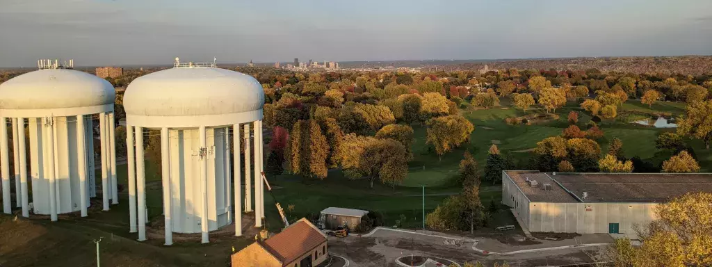 Highland water towers with downtown St Paul in the distant background