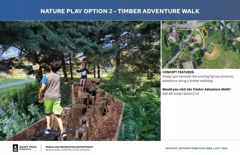 CONCEPT FEATURES:  Shady spot beneath the existing Spruce Grove to  adventure along a timber walkway.