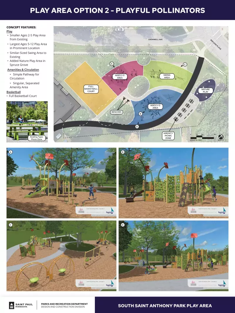CONCEPT FEATURES: Play • Smaller Ages 2-5 Play Area  from Existing • Largest Ages 5-12 Play Area  in Prominent Location • Similar-Sized Swing Area to  Existing • Added Nature Play Area in  Spruce Grove Amenities & Circulation • Simple Pathway for  Circulation • Singular, Separated  Amenity Area Basketball • Full Basketball Court  NATURE