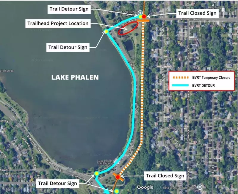 A portion of Bruce Vento Regional Trail will be closed from 9/24-9/26. The trail detour will be along Lake Phalen between approximately Wheelock Pkwy and Arlington Ave.