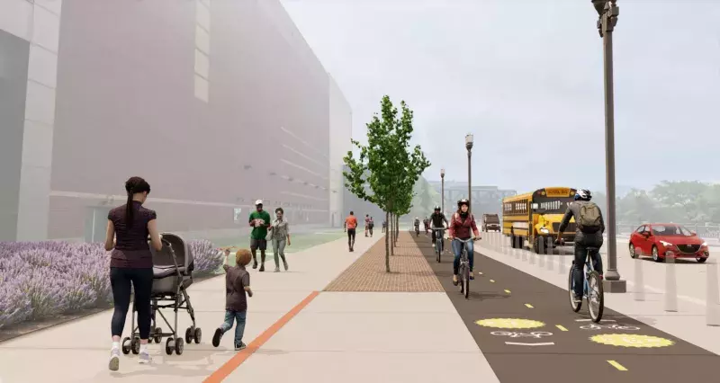 Image showing what the Capital City Bikeway will look like along Kellogg Boulevard by Xcel Energy Center.