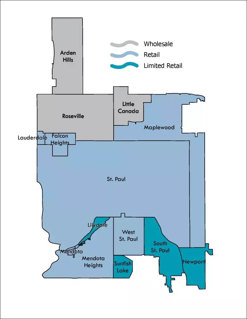 Map of cities SPRWS serves water to categorized by retail, limited retail, and wholesale