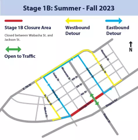 Detour Map of the Kellogg Boulevard Closure from Wabasha to Jackson. Westbound: Kellogg Boulevard, right on Sibley Street, left of 7th Street, left on St. Peter Street, right on Kellogg Boulevard  Eastbound: Kellogg Boulevard, left on Wabasha Street, right on 7th Street, left on Jackson Street, left of Kellogg Boulevard