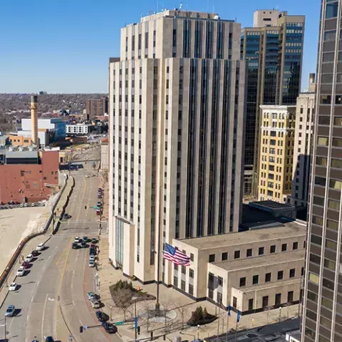 Aerial photo of City Hall looking West