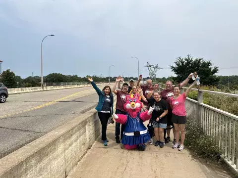 Mudonna with Dayton's Bluff residents on the Kellogg-3rd Street Bridge
