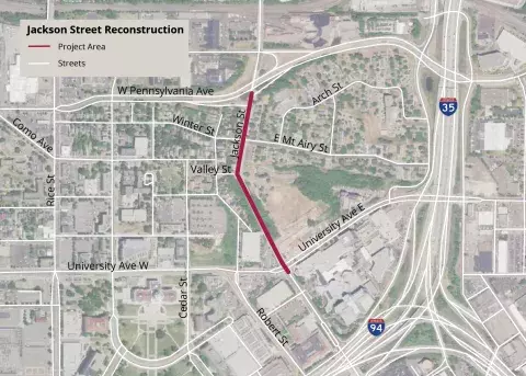 Graphic showing a map of the project area. The map shows a red line on Jackson Street north of University to Pennsylvania. It also shows a portion of Saint Paul surrounding the project area. 