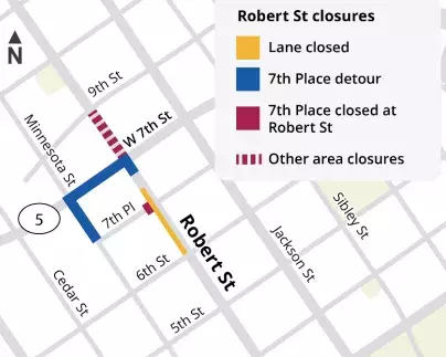 Map showing the closure of 7th Place at Robert Street and the detour route on Minnesota Street to 7th Street