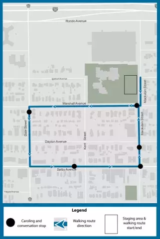 Map showing the route for Rondo Streets caroling on December 19