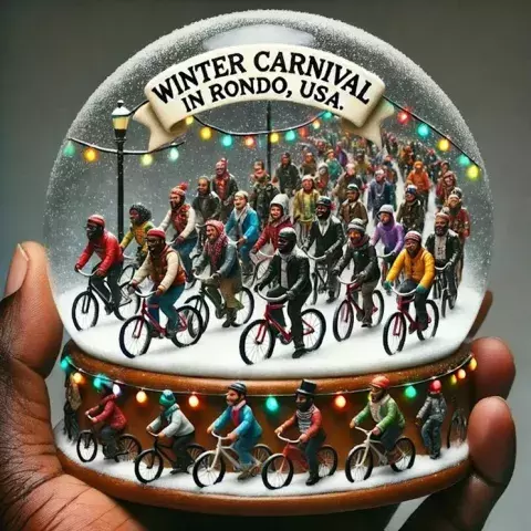 Snow globe with bicyclists in it and a sign saying Winter Carnival in Rondo, USA.