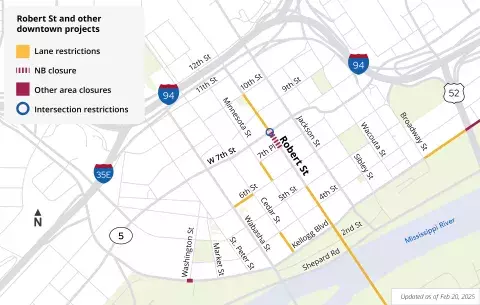 Image of street closures downtown saint Paul for week starting February 20, 2025