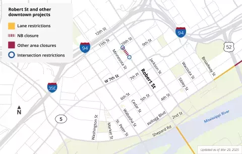 Map showing road closures and lane restrictions in downtown Saint Paul March 21, 2025