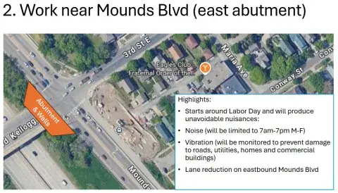 Map showing east abutment work near Mounds Boulevard for Kellogg-3rd Street bridge