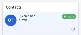 Screenshot from the supplier portal showing “Contacts: Queenie Tran BUYER”