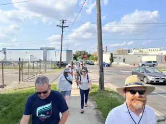 Photo of walk assessment participants walking along Pelham, south of Wabash. 