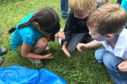 Three children crouching, one is holding something that can't be seen while two look on with interest