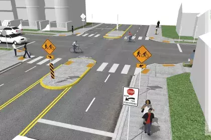 Rendering of a major crossing median along a bike boulevard