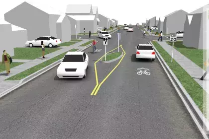 Rendering of a median along a bike boulevard