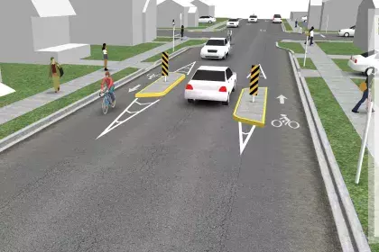 Rendering of a pinch point along a bike boulevard