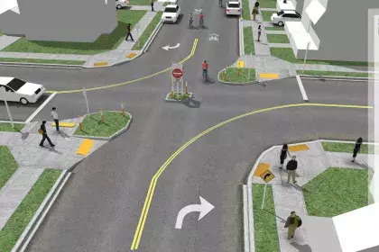 Rendering of a traffic diverter along a bike boulevard