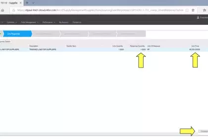 QUANTITY AND PRICE: You will fill in the Response Quantity and Unit Price and then select Save. The extended amount will auto calculate. Then click Next.