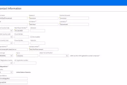 CONTACT INFORMATION: Fill in all fields which have an asterisk * next to them. (Note that a Tax ID or VAT registration number is required.) When all fields have been filled in, click on Next.