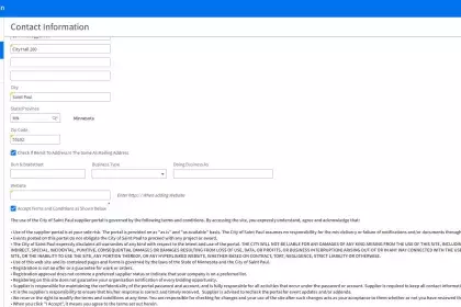 CONTACT INFORMATION: Fill in all applicable fields. Empty the “Website” field if you aren’t entering a website. Read and accept the Terms and Conditions, then click NEXT.