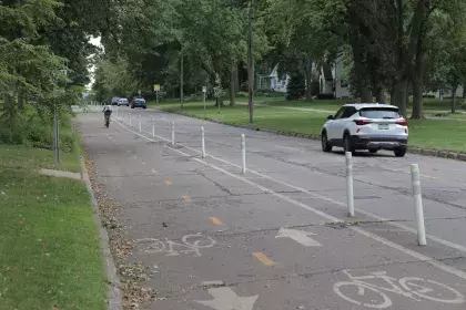 Person biking on Pelham looking south. White flex posts are between the car travel lane and bikeway.