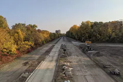 Photo showing the construction of Ayd Mill Road and the trail alongside it on 10.10.20. Photo shows view south from Grand Avenue.