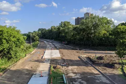 Photo of Ayd Mill Road construction facing south bound from the St Clair Avenue overpass on 8.28.20.